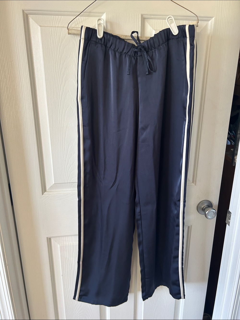 GAP Factory Navy Satin Wide Leg Pants with White Side Stripes